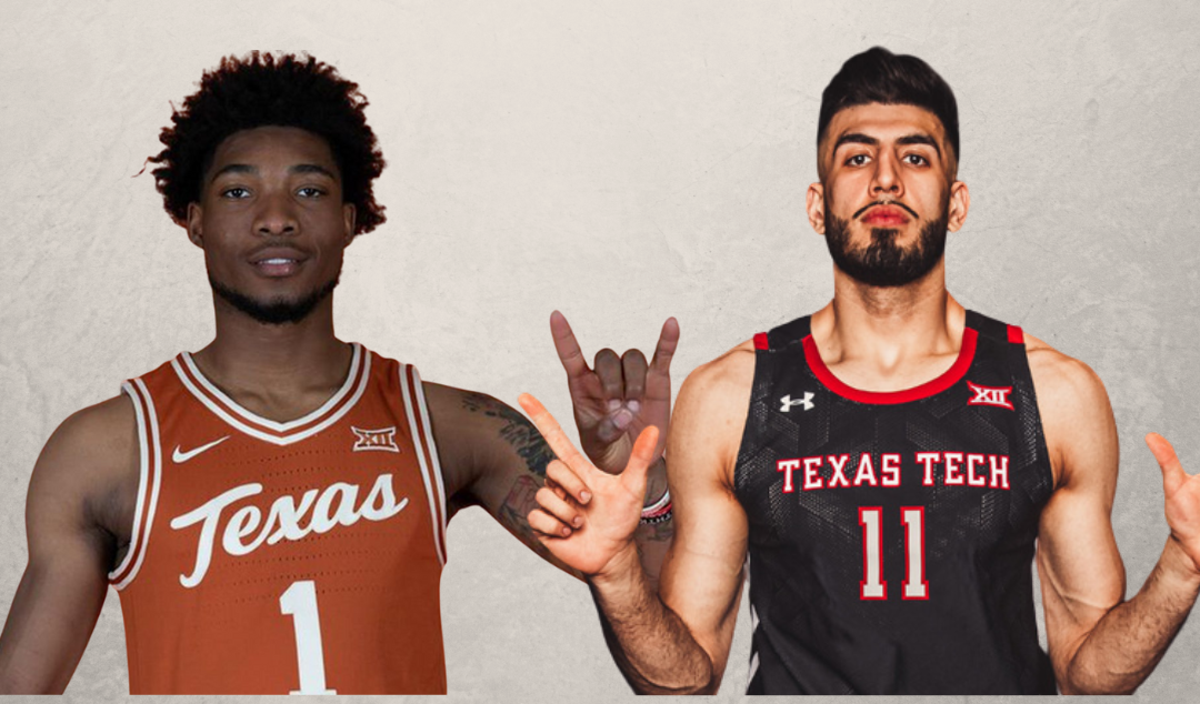 Texas Tech's Fardaws Aimaq and Texas' Tyrese Hunter pose for a photo in the Big 12